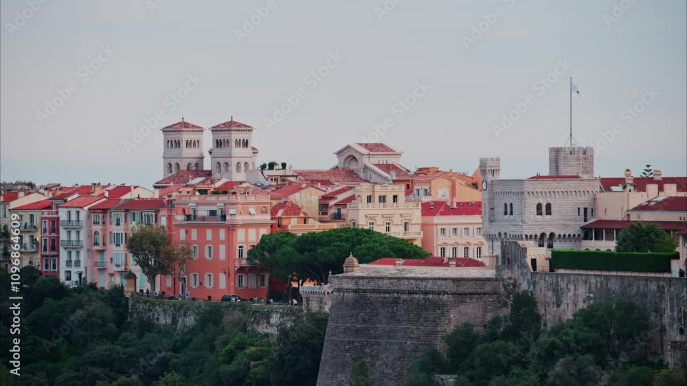 Distant aerial view of the Prince's Palace in the skyline of Monaco Distant aerial view of the Prince's Palace in the skyline of Monaco