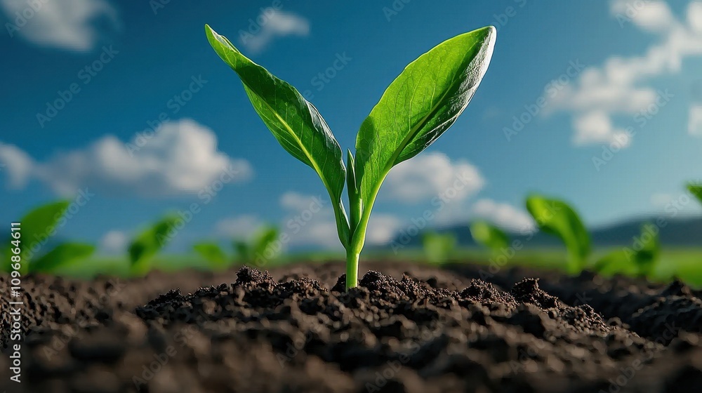 Fresh Green Sprout Emerging from Rich Soil Under Bright Blue Sky and Fluffy White Clouds, Symbolizing Growth, New Beginnings, and Hope in Nature Fresh Green Sprout Emerging from Rich Soil Under Bright Blue Sky and Fluffy White Clouds, Symbolizing Growth, New Beginnings, and Hope in Nature