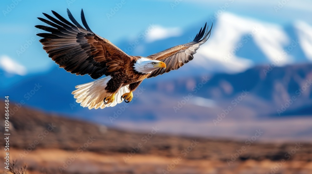 An eagle flies gracefully with a stunning snowy mountain range as a backdrop, embodying the essence of resilience and the majestic beauty of nature. An eagle flies gracefully with a stunning snowy mountain range as a backdrop, embodying the essence of resilience and the majestic beauty of nature.