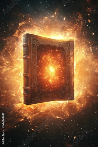 Ancient book glows, cosmic energy within. photo