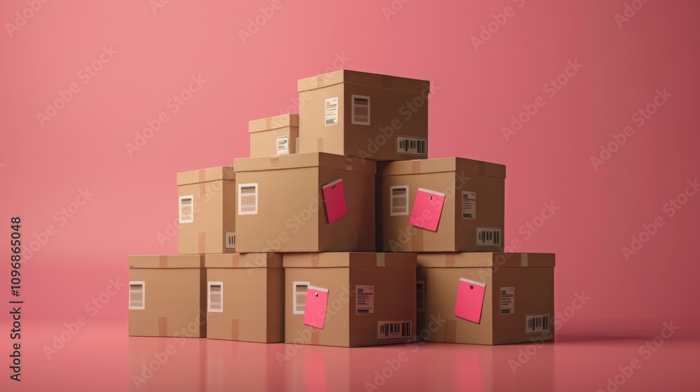 Stacked Cardboard Boxes Shipping Labels Fragile Stickers Pink Background Delivery Ecommerce Stacked Cardboard Boxes Shipping Labels Fragile Stickers Pink Background Delivery Ecommerce
