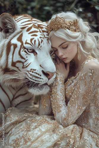 Majestic white tiger with golden filigree and ethereal woman in fantasy royal gown photo