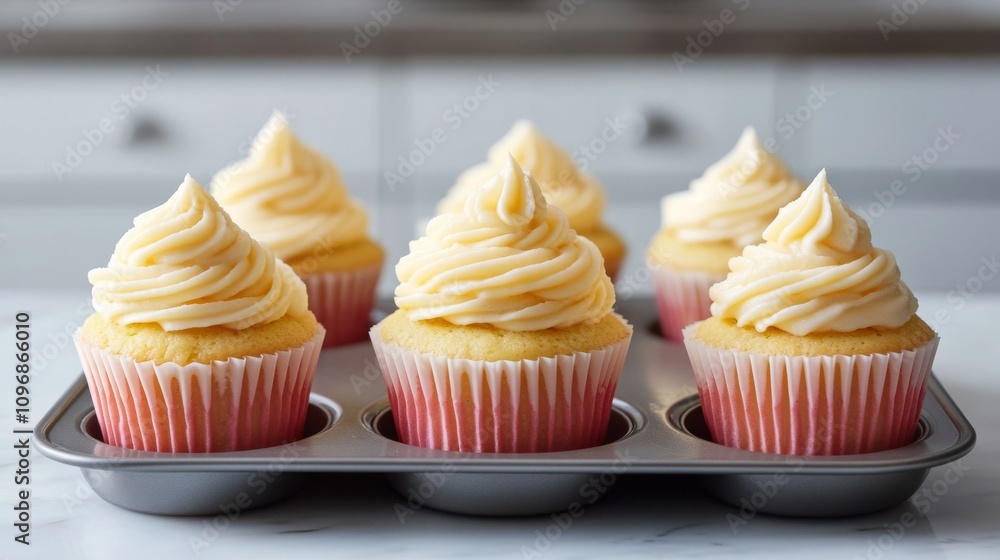 Delicious Vanilla Cupcakes with Creamy Swirl Frosting in Baking Tray Delicious Vanilla Cupcakes with Creamy Swirl Frosting in Baking Tray