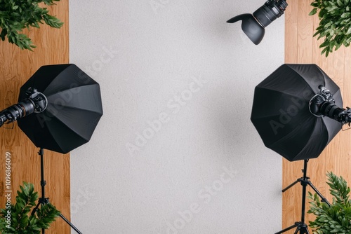 A top-down view of a photography studio setup featuring two softbox lights, a camera, and a neutral backdrop surrounded by greenery.