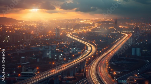 Night Cityscape Elevated Highway at Sunset Urban Infrastructure