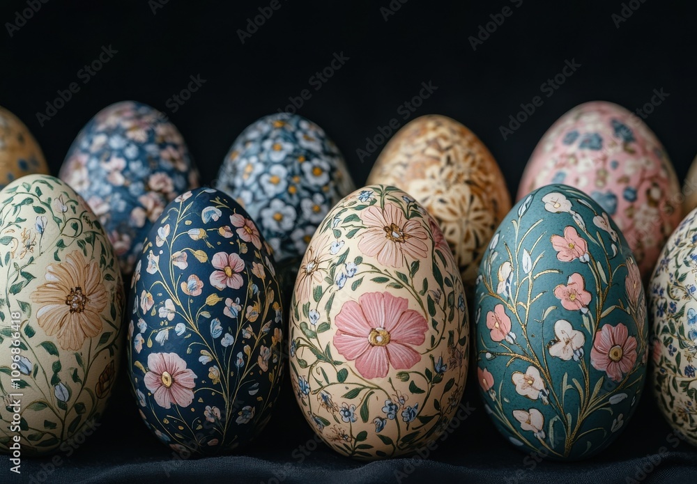 Elegant Hand-Painted Decorative Eggs Displayed on Dark Surface with Intricate Floral Designs Showcasing Artisanal Craftsmanship and Unique Patterns Elegant Hand-Painted Decorative Eggs Displayed on Dark Surface with Intricate Floral Designs Showcasing Artisanal Craftsmanship and Unique Patterns