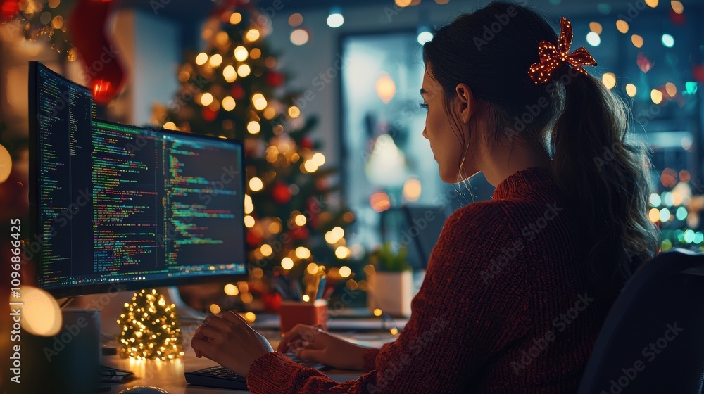 Christmas coding session home office digital work environment festive decor woman focused on programming Christmas coding session home office digital work environment festive decor woman focused on programming