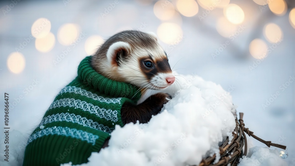 Adorable Ferret in Cozy Green Sweater Nestled in Snowy Winter Wonderland, Perfect for Holiday Greetings or Winter Themed Decor Adorable Ferret in Cozy Green Sweater Nestled in Snowy Winter Wonderland, Perfect for Holiday Greetings or Winter Themed Decor