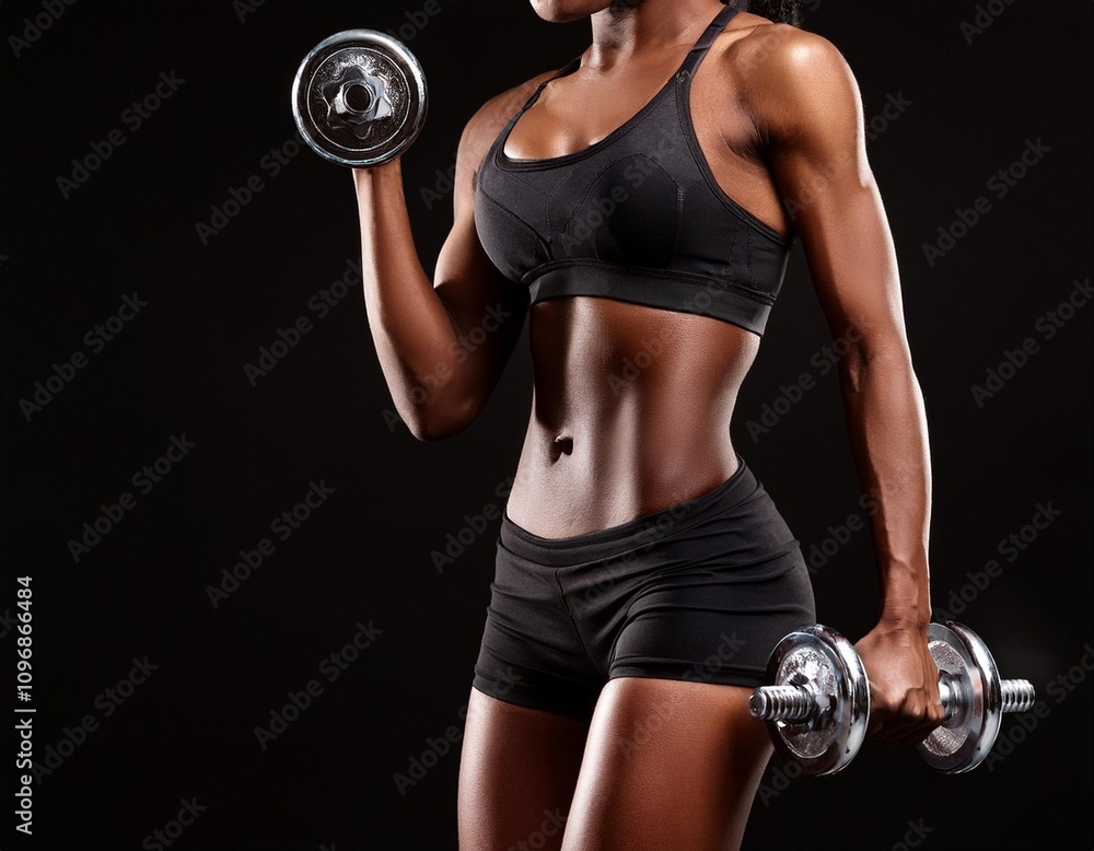 close up of a woman with prefect body holding dumbbells' on a black background close up of a woman with prefect body holding dumbbells' on a black background