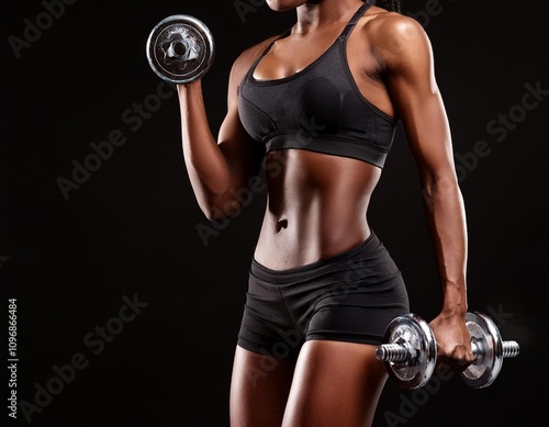 close up of a woman with prefect body holding dumbbells' on a black background   photo