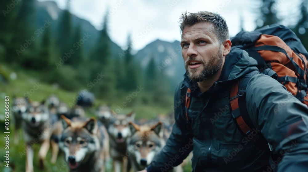 A lone hiker with a determined look leads a pack of wolves through a dense forest, symbolizing leadership and the call of the wild in a daring expedition. A lone hiker with a determined look leads a pack of wolves through a dense forest, symbolizing leadership and the call of the wild in a daring expedition.