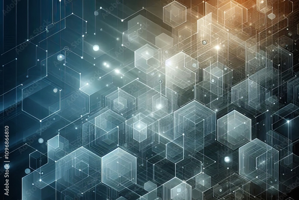 Obraz premium Futuristic geometric hexagonal pattern with transparent layers and a soft glow effect