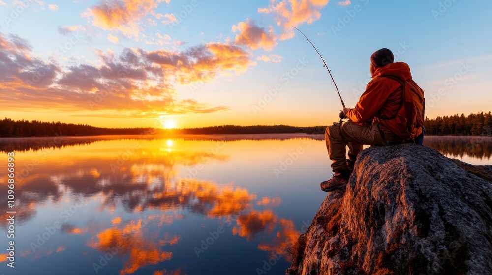 A serene scene of a person fishing at dawn by a calm lake, with vibrant orange and pink hues reflecting off the water's surface as the sun rises in the distance. A serene scene of a person fishing at dawn by a calm lake, with vibrant orange and pink hues reflecting off the water's surface as the sun rises in the distance.