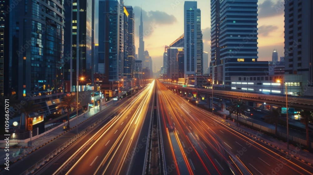 Fototapeta premium Night City Highway Urban Development Modern Architecture Traffic Lights Cityscape at Dusk