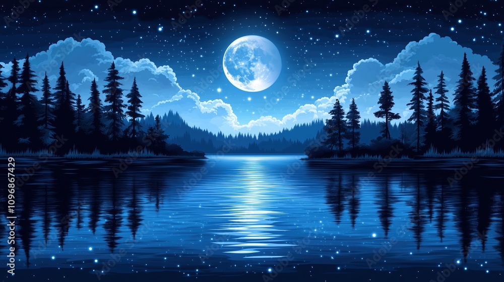 Naklejka premium night fairytale atmosphere full moon, moon trees, fireflies