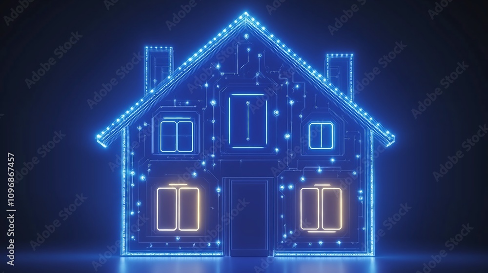 A sleek futuristic smart home glowing with neon blue edges, surrounded by a holographic interface, plain black background A sleek futuristic smart home glowing with neon blue edges, surrounded by a holographic interface, plain black background