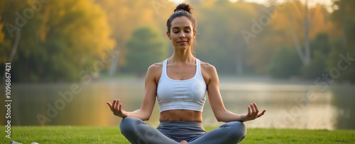 Mulher praticando yoga meditação ao ar livre em frente a um lago photo