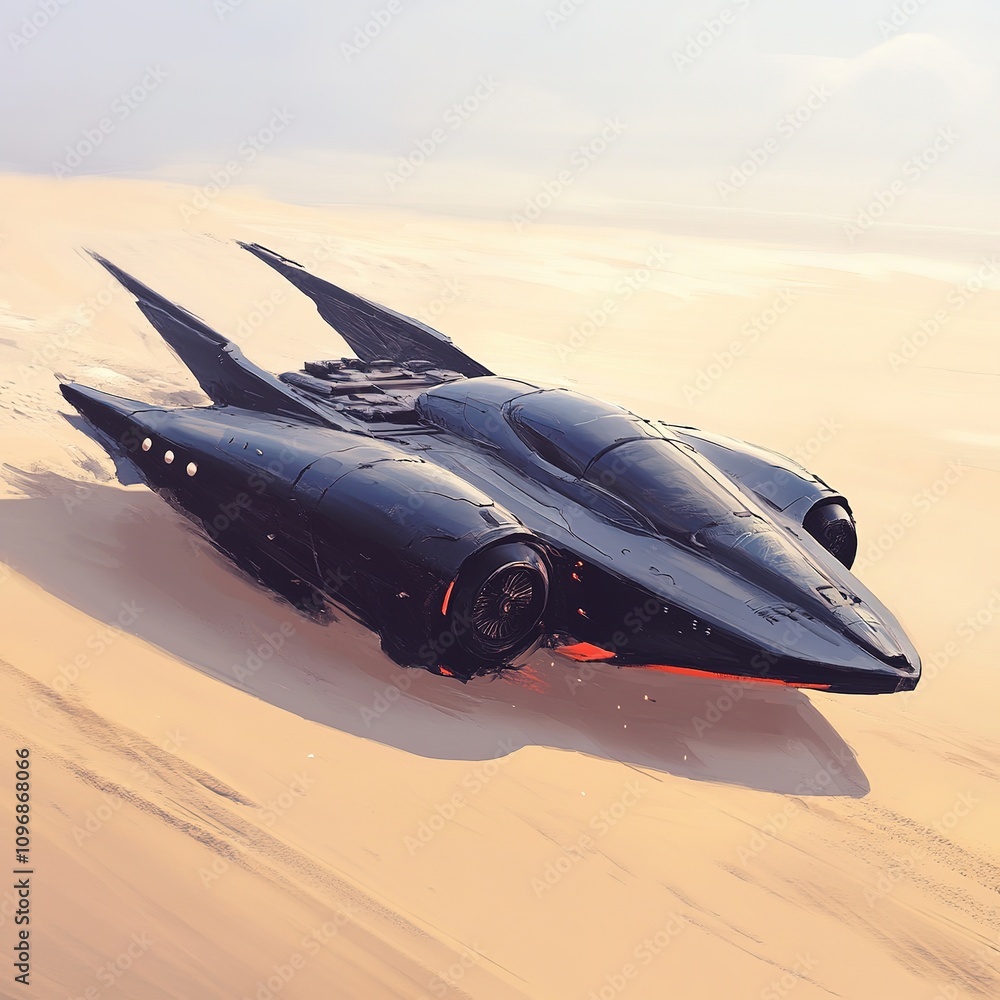 A sleek, futuristic vehicle rests on a sandy landscape, showcasing a striking black design with sharp, aerodynamic features. A sleek, futuristic vehicle rests on a sandy landscape, showcasing a striking black design with sharp, aerodynamic features.