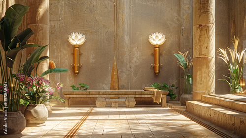 A tranquil entryway featuring a carved sandstone bench, golden sconces shaped like lotus flowers, and a tall obelisk-shaped vase filled with papyrus reeds. photo