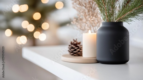 A modern and elegant holiday scene featuring a black vase with pine branches, a lit candle, and pinecones, perfect for festive and cozy decor enthusiasts.
