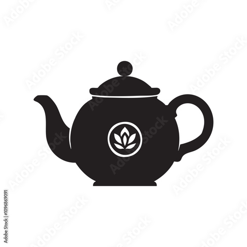 Teapot icon, with rose sticker. vector silhouette icon illustration isolated on white background