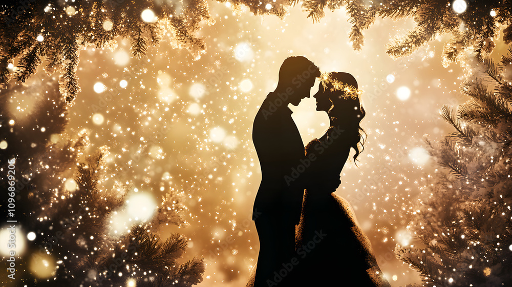 A romantic Christmas card featuring a silhouetted couple under mistletoe with a snowy backdrop and golden accents. A romantic Christmas card featuring a silhouetted couple under mistletoe with a snowy backdrop and golden accents.