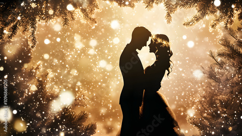 A romantic Christmas card featuring a silhouetted couple under mistletoe with a snowy backdrop and golden accents.