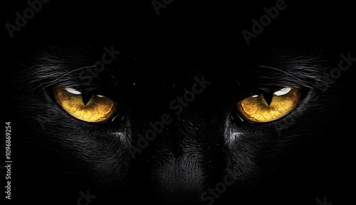 Black cat with yellow eyes on a dark background, close-up portrait. Close-up of a black panther's face in the darkness. 