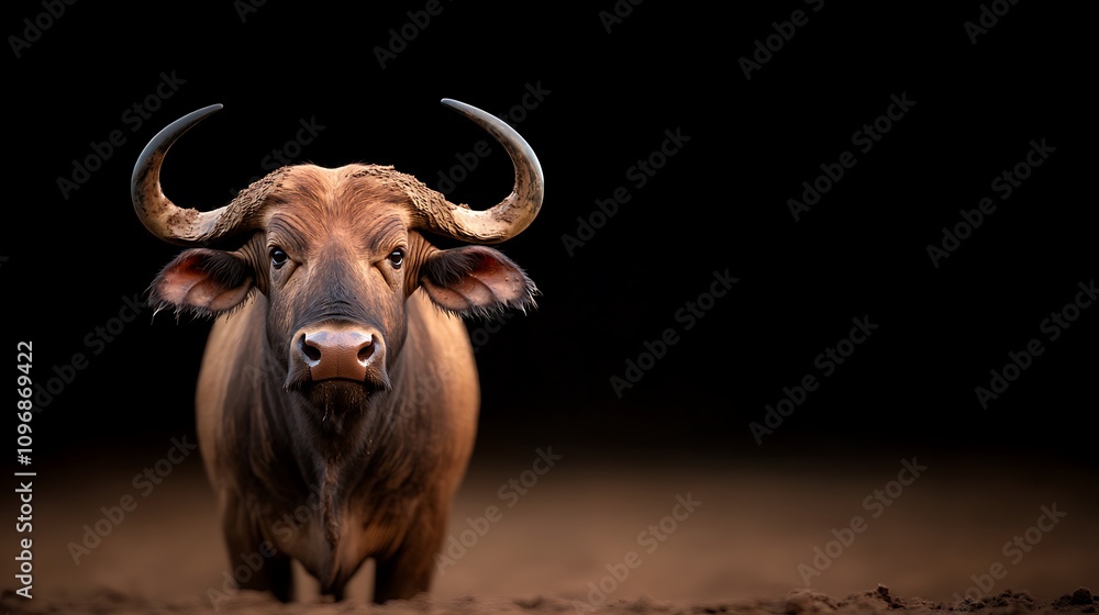 A close-up of a black water buffalo standing in a pond with its herd in the background. A close-up of a black water buffalo standing in a pond with its herd in the background.