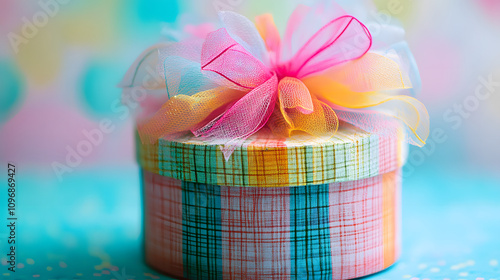 A round gift box with a checkered wrapping and a fluffy bow made of colorful tulle. photo