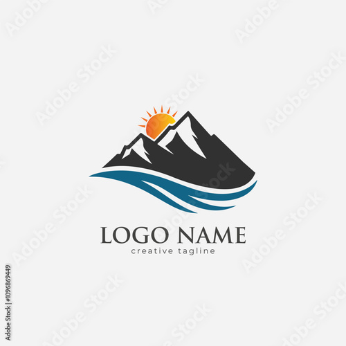 Mountain logo,  Mountain with sun, hill, travel, peak, landscape, Sea & mountain logo design fully editable vector template