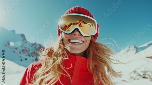 Woman in Red Ski Jacket and Reflective Goggles in Snowy Mountain Landscape