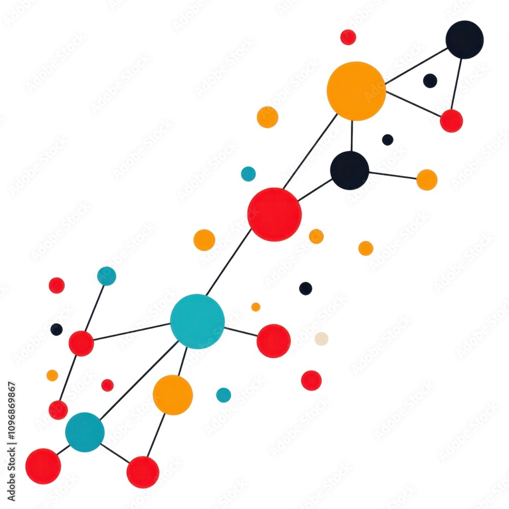 Obraz premium A colorful, abstract illustration featuring interconnected dots and circles, representing concepts like connectivity and data visualization.