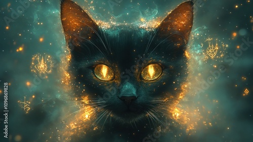 Mystical Black Cat With Glowing Eyes And Energy photo