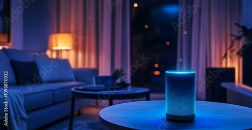 Photo of a smart speaker with blue light on the table in an elegant living room at night, illuminated by ambient lighting. 