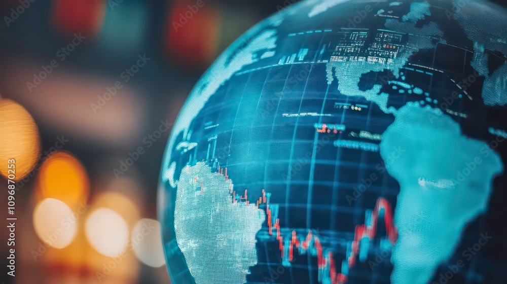 Close-Up Photo of Blue Globe with Stock Market Graphs Representing Global Economy Close-Up Photo of Blue Globe with Stock Market Graphs Representing Global Economy