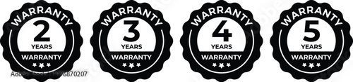 Warranty set - 2 years, 3 years, 4 years, 5 years. - Black emblem for printing. Vector typography design element isolated on white background. 