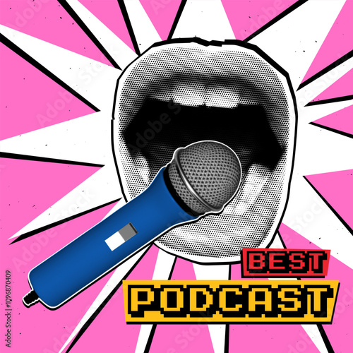 Square advertising cover. Open lips scream into the microphone. Explosive retro collage with textures and halftones on a pink background.