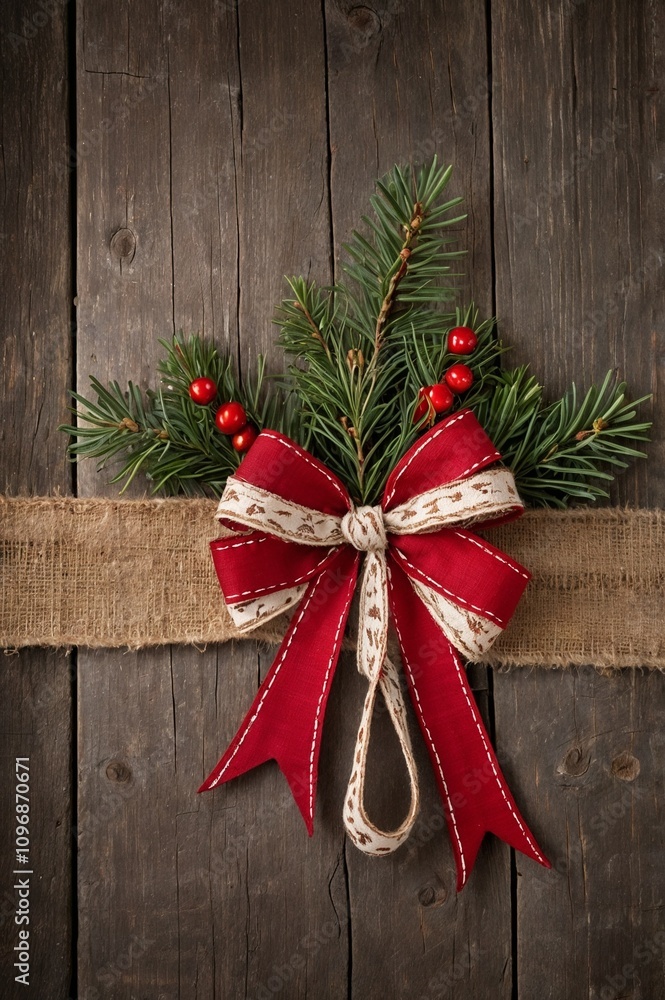 Christmas ribbon on Rustic Wood: Festive Ornaments, bow, and Space for Text in a Cozy Winter Backdrop, card, celebration Christmas ribbon on Rustic Wood: Festive Ornaments, bow, and Space for Text in a Cozy Winter Backdrop, card, celebration