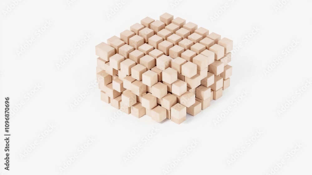 A cluster of small identical cubes forming a large cube structure on a white background, visual elements, white background, geometric shapes A cluster of small identical cubes forming a large cube structure on a white background, visual elements, white background, geometric shapes