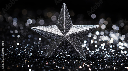 A shimmering Christmas card with glitter accents a large silver star and a deep black background.