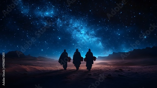 The Three Wise Men carry gifts through the desert guided by the stars. Christmas concept.