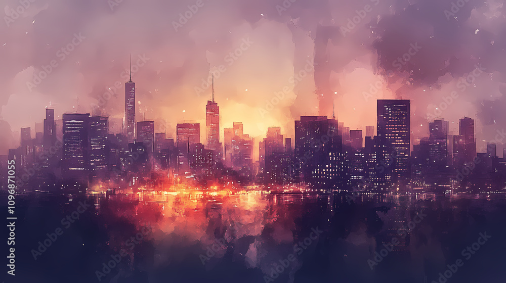 Vibrant city skyline illuminated by lights during twilight with a watercolor effect showcasing a dreamy atmosphere. Twilight Horizon Glow. Illustration Vibrant city skyline illuminated by lights during twilight with a watercolor effect showcasing a dreamy atmosphere. Twilight Horizon Glow. Illustration