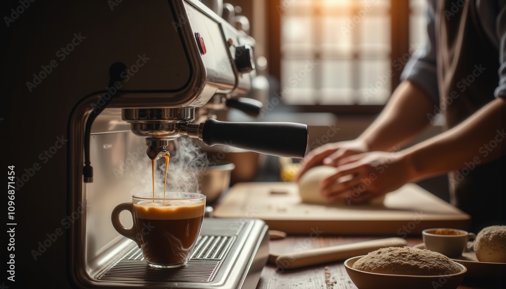 Roast and Bake Moments. A cozy kitchen scene with a steaming cup of espresso and a person preparing dough, highlighting the joy of coffee and baking. Roast and Bake Moments. A cozy kitchen scene with a steaming cup of espresso and a person preparing dough, highlighting the joy of coffee and baking.
