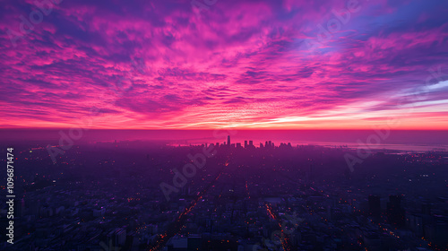 Stunning aerial view of a cityscape at sunrise with a pink and purple sky. Twilight Horizon Glow. Illustration