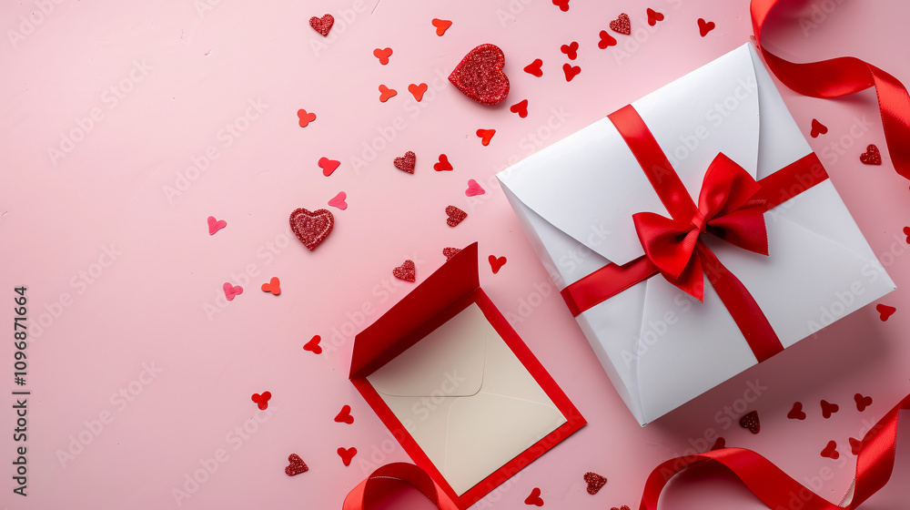 Valentine's Day Decorations: Top view photo of Valentine's Day decorations including small hearts, a white gift box with a red bow, and an open red envelope with a paper card on an isolated Valentine's Day Decorations: Top view photo of Valentine's Day decorations including small hearts, a white gift box with a red bow, and an open red envelope with a paper card on an isolated