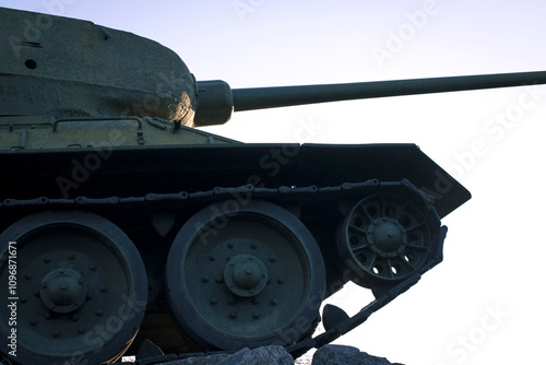 Monument with the Soviet T-34 tank in memory of the soldiers of the Great Patriotic War. Monument to the T34 tank from the Second World War. Russia, Ukraine, Belarus. Old Soviet tank photo