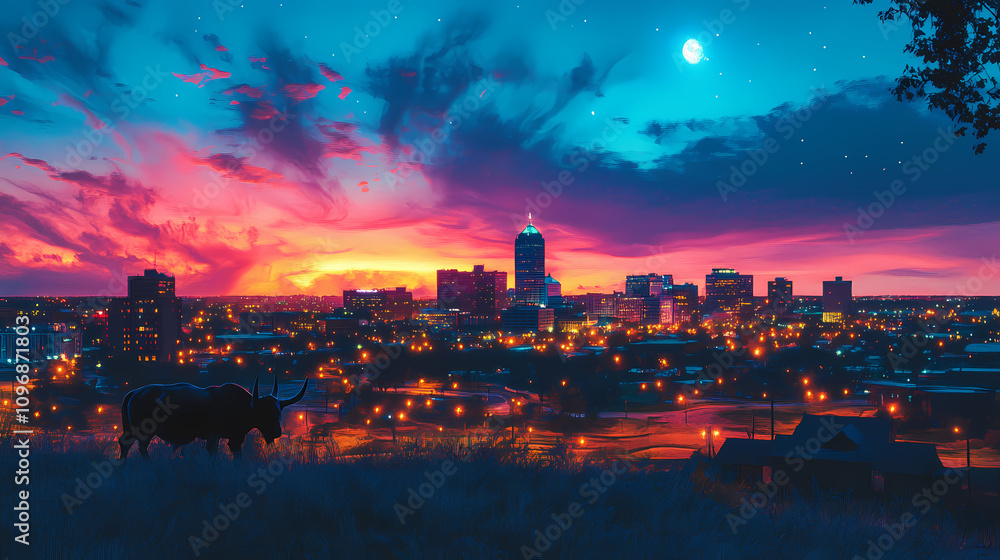 Fototapeta premium Lights blue buffalo skyline. Twilight Horizon Glow. Illustration