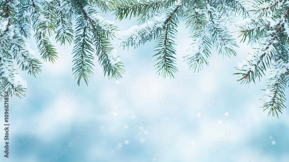 Snow-Dusted Evergreen Branches with Blurred Winter Background Snow-Dusted Evergreen Branches with Blurred Winter Background