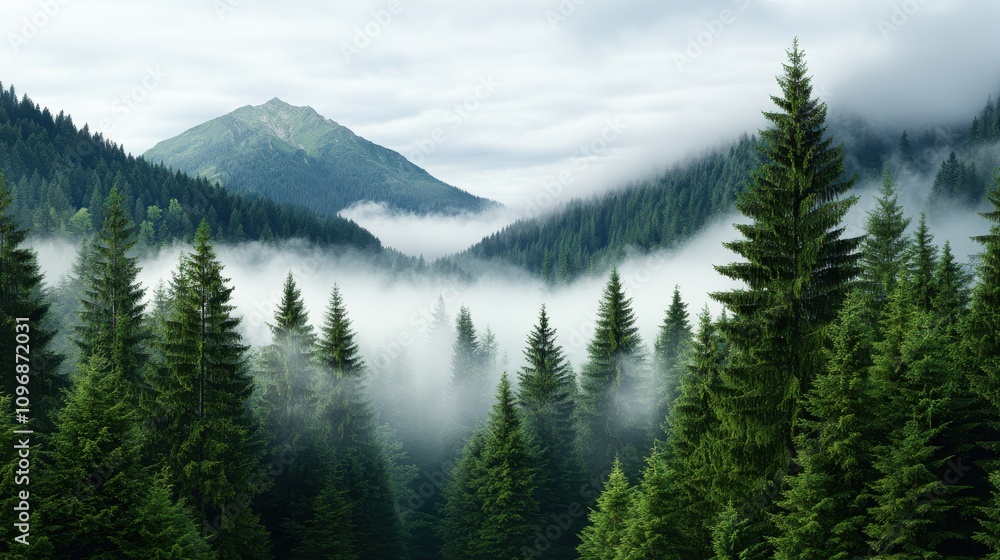 Towering pines rise through the foggy mist, enveloped by rugged mountains that dominate the background, embodying nature's strength and resilience. Towering pines rise through the foggy mist, enveloped by rugged mountains that dominate the background, embodying nature's strength and resilience.